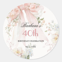 STICKER Elegant Pink Bow Floral 40th Birthday