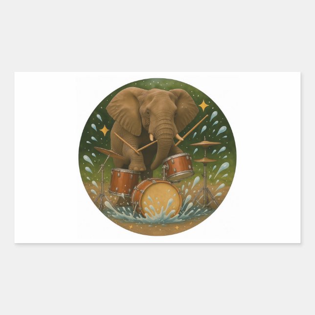 Sticker: Elephant Playing Drums in a Water Tub Rectangular Sticker (Front)
