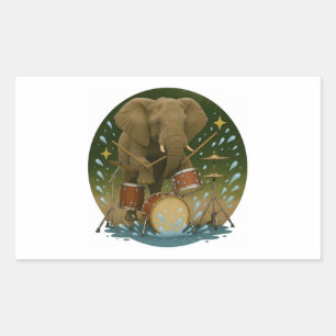 Sticker: Elephant Playing Drums in a Water Tub Rectangular Sticker