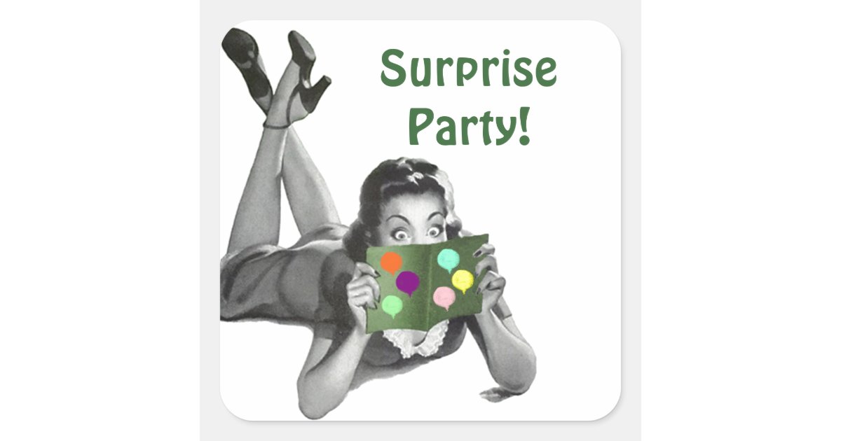 Sticker Fun Retro Lady Reading Card Surprise Party Zazzle Com