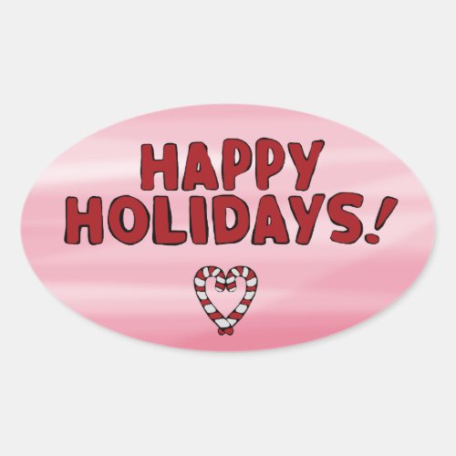 Sticker Happy Holidays Candycane Heart Pink Bkgrd Oval Sticker