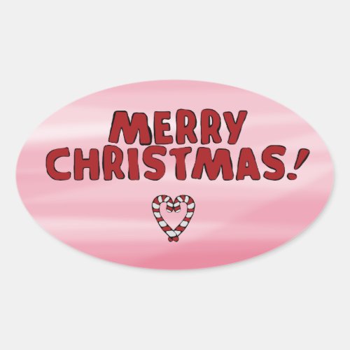 Sticker Merry Christmas Candycane Heart Pink Bkgr Oval Sticker