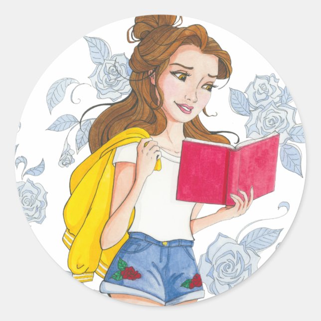 Sticker, Modern Teen Belle Reading Classic Round Sticker (Front)