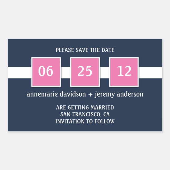 Sticker - Navy Pink Squares Save The Date (Front)