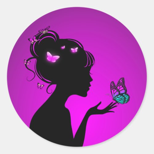 Sticker Round The woman purple butterflies