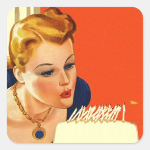 Sticker Vintage Birthday Gal Blowing Cake Candles