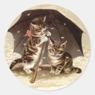 Sticker Vintage Cats play under umbrella kittens