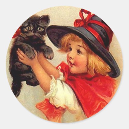 Sticker Vintage Halloween Black Kitten Lil Witch