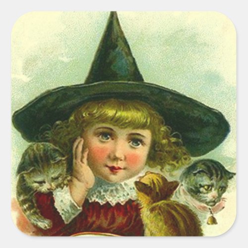 Sticker Vintage Halloween Witch Girl Kittens Cat