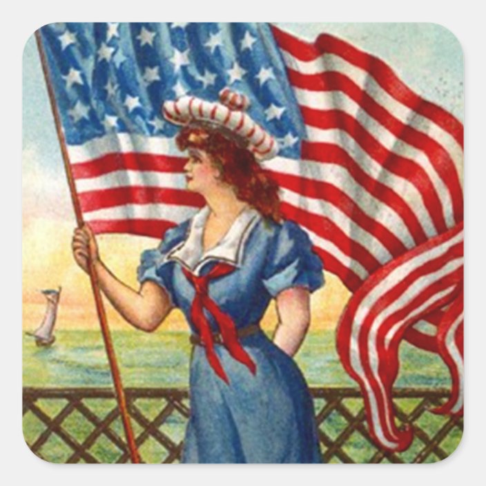 Sticker Vintage Patriotic Lady Usa Old Glory Flag Zazzle Com
