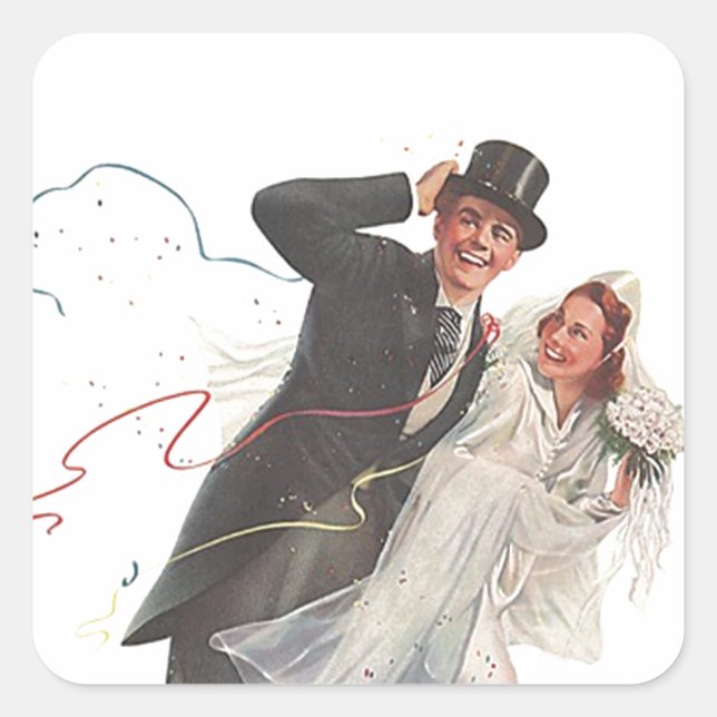 Sticker Vintage Wedding Bride Groom Happy Couple (Front)