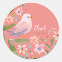 Sticker with bird and flowers on pink background