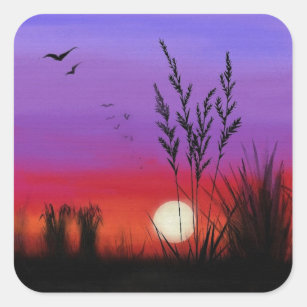 Sticker with Sunset Lake - Watercolor Painting