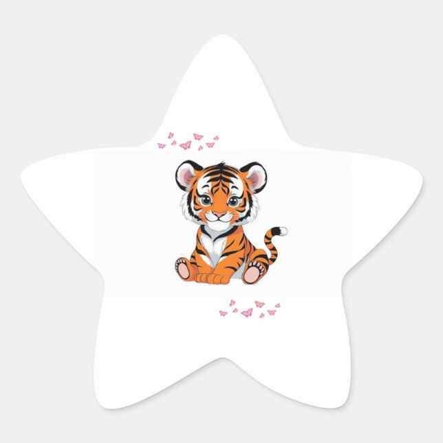 Sticker🐯Baby Tiger Art with Pink Butterflies - Star Sticker (Front)