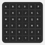 ABC|DEF
 GHIJKL
 M|N|OPQR
 STUVWX
 YZ0123
 456789  Stickers
