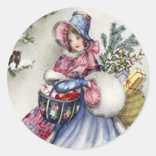 Stickers _ Christmas shopping lady vintage robin