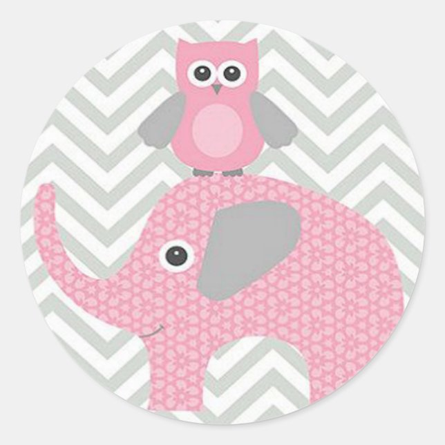 Stickers/Pink Owl and Elephant Classic Round Sticker (Front)