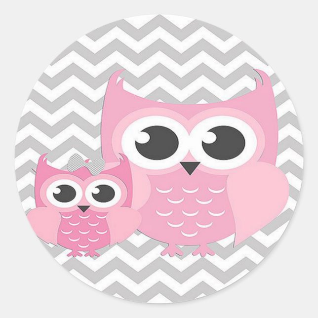 Stickers/Pink Owls with Gray Zig Zags Classic Round Sticker (Front)