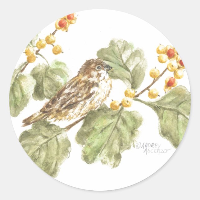 Stickers  Watercolor Bird on Autumn Branch Round (Front)