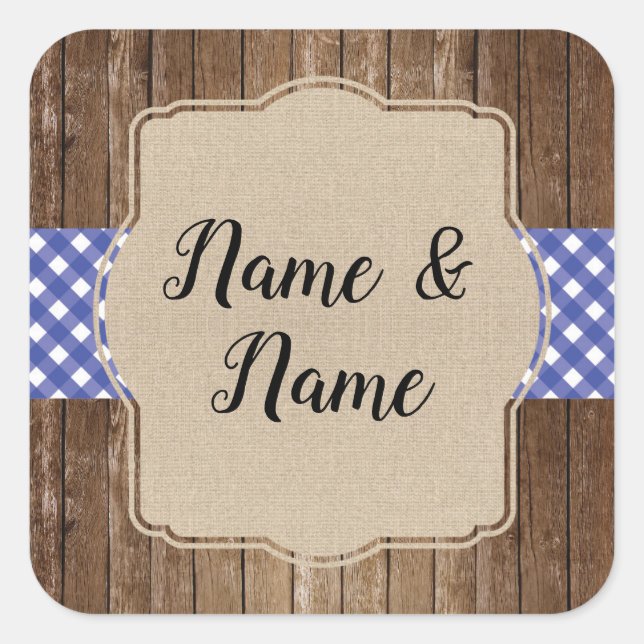 Stickers Wedding Labels Blue Gingham BBQ Burlap (Front)