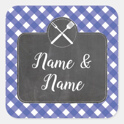 Stickers Wedding Labels Blue Gingham BBQ Chalk