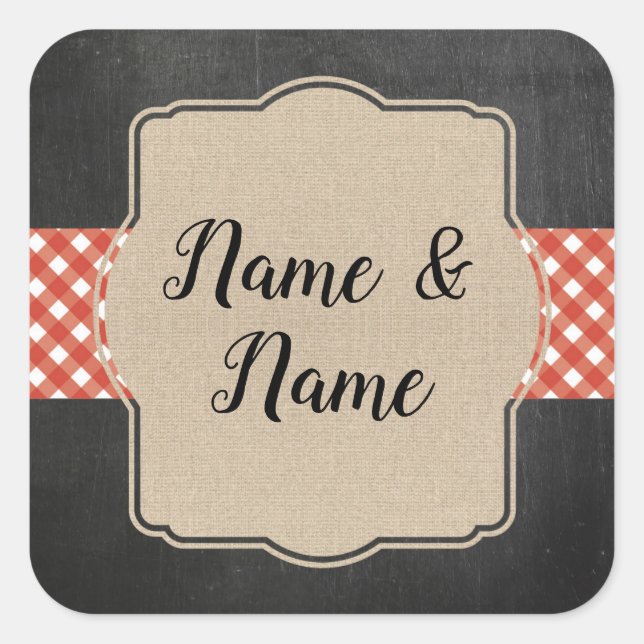 Stickers Wedding Labels Red Gingham BBQ Burlap (Front)