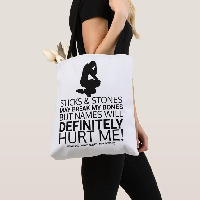 Sticks & Stones, Woke Satire Tote Bag (Close Up)