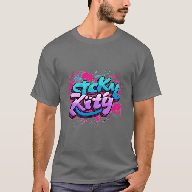 Sticky Kitty: Cursive Graffiti Logo T-Shirt Design (Front)