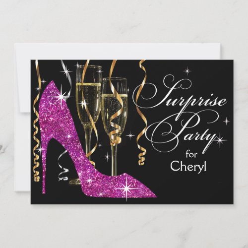 Stiletto Champagne Surprise Birthday violet Invitation