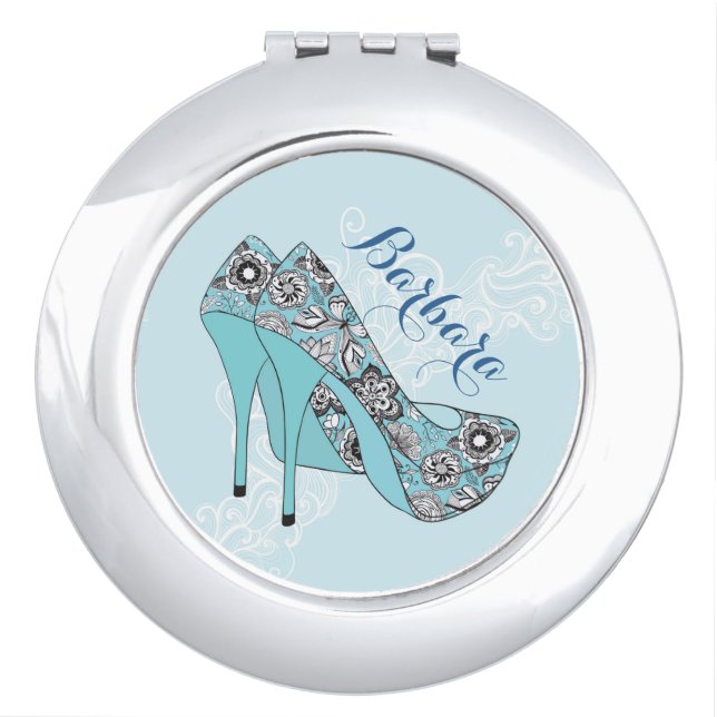 Stiletto Floral Shoes In Blue Black & White Accent Makeup Mirror (Front)