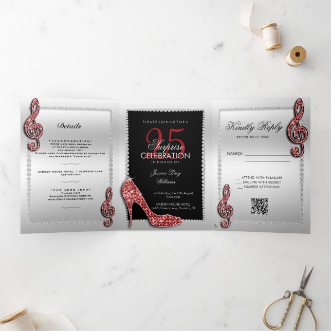 Stiletto, Photo, QR Code 25th Surprise Birthday Tri-Fold Invitation (Inside)