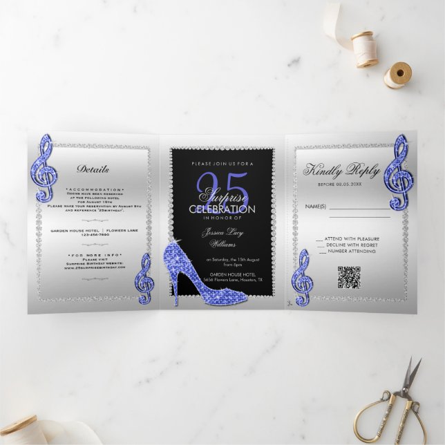 Stiletto, Photo, QR Code 25th Surprise Birthday Tri-Fold Invitation (Inside)