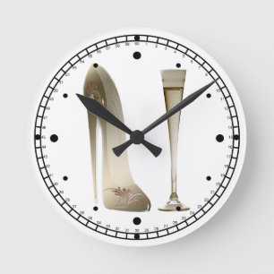 Stiletto Shoe Art and Champagne Flute Gifts Round Clock