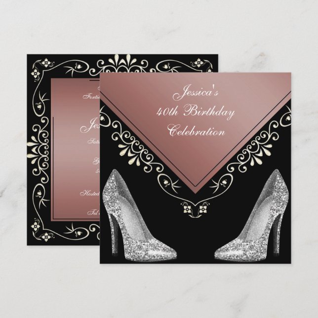 Stilettos & Decorative Swirls 40th Birthday Invitation (Front/Back)