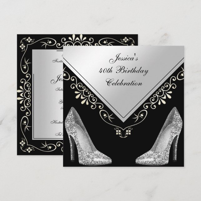 Stilettos & Decorative Swirls 40th Birthday Invitation (Front/Back)