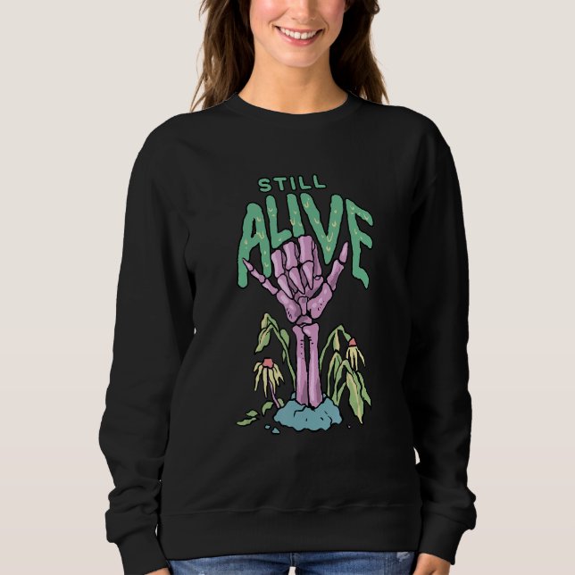 Still Alive Pastel Goth Shaka Skeleton Hand Occult Sweatshirt (Front)