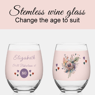 Still fabulous at 80 add name floral purple stemless wine glass