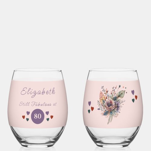 Still fabulous at 80 add name floral purple stemless wine glass