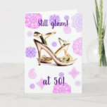 Still glam! birthday card<br><div class="desc">Gold sparkly sandals birthday card for older,  stylish ladies. Message reads "Still glam!"  Change the age to suit and message inside.  Pretty,  glamorous design with mandala pattern.</div>