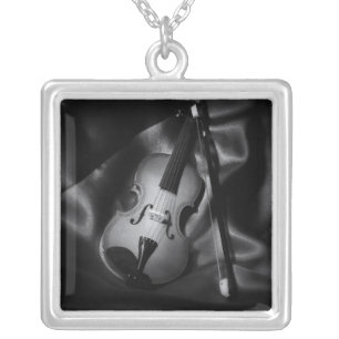 Still-life b&W image of a violin Silver Plated Necklace