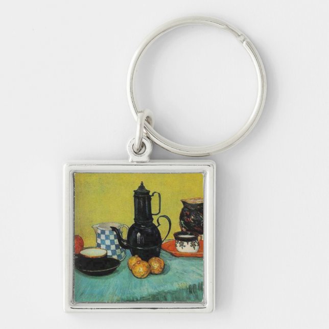 Still Life  Blue Enamel Coffeepot, Earthenware and Keychain (Front)