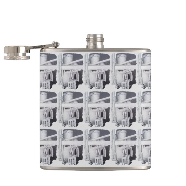 still life drawing of garden tools for gardeners flask (Opened)