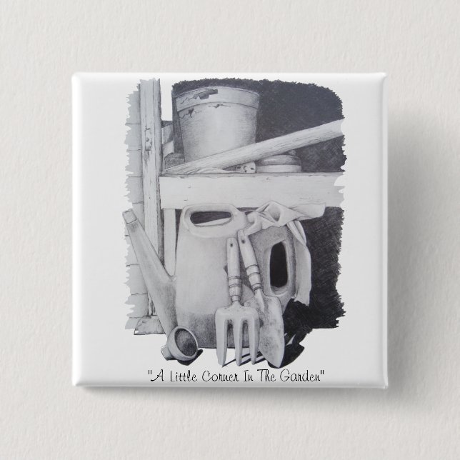 Still life drawing of garden tools for gardeners pinback button (Front)