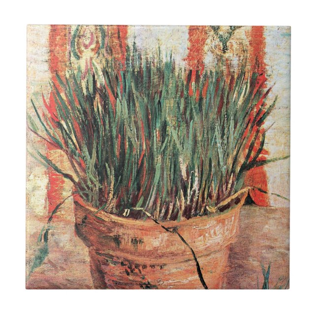 Still Life Flowerpot w Chives by Vincent van Gogh Ceramic Tile (Front)