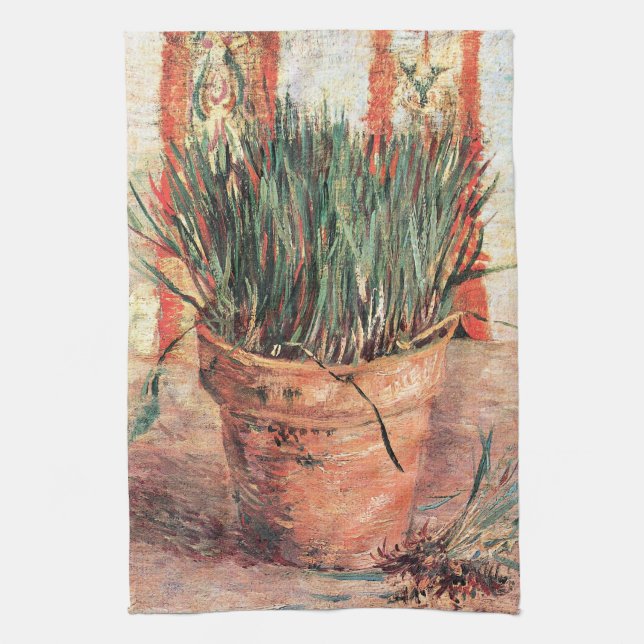 Still Life Flowerpot w Chives by Vincent van Gogh Kitchen Towel (Vertical)