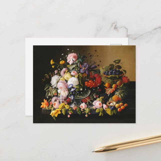 Still Life Flowers and Fruit by  Severin Roesen  Postcard (Front/Back In Situ)