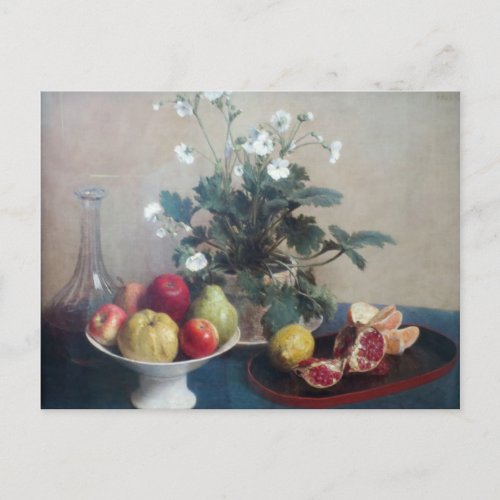 Still Life Flowers Dish of Fruit and Carafe Postcard