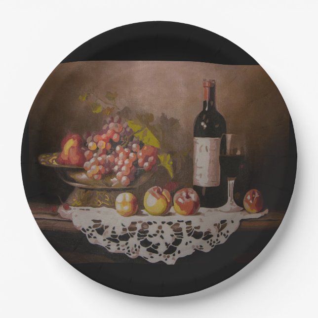 Still life Fruit Bowl and Wine Bottle      Paper Plates (Front)