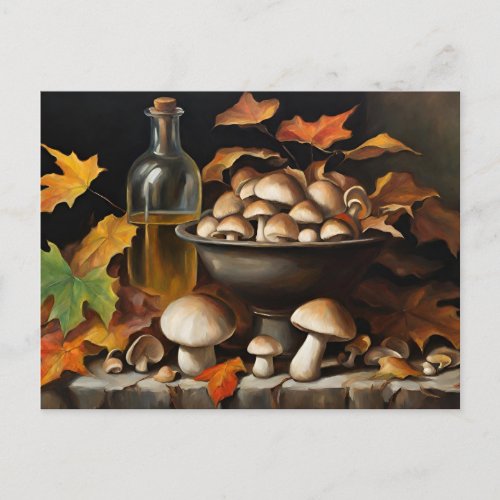 Still Life Mushrooms Fall Leaves Postcard