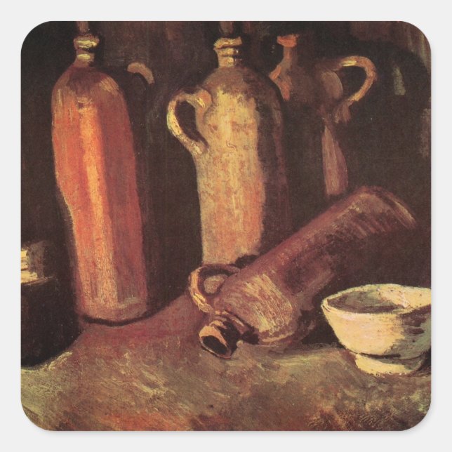Still Life of 4 Stone Bottles by Vincent van Gogh Square Sticker (Front)